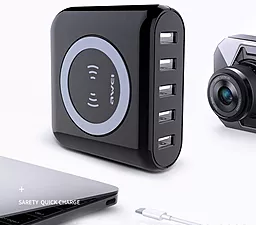 Сетевое, Беспроводное (индукционное) зарядное устройство Awei CW1 Charger 5 USB 6А with Wireless Charging Black - миниатюра 3