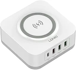 Зарядний пристрій з функцією бездротової зарядки LDNio AW004 PD 3xUSB-A/USB-C ports + wireless charger white - фото Зарядний пристрій з функцією бездротової зарядки LDNio AW004 PD 3xUSB-A/USB-C ports + wireless charger white