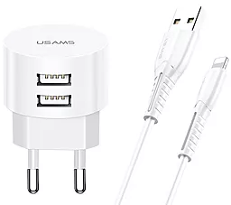 Сетевое зарядное устройство Usams Travel Charging Kit Send-Tu T20 Dual USB Round Travel + USB Lightning Cable EU White