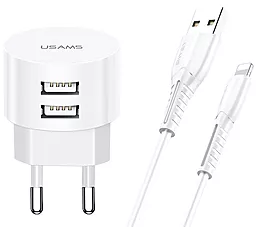 Сетевое зарядное устройство Usams T20 2.1a 2xUSB-A ports charger + Lightning cable white (US-CC080) - фото Сетевое зарядное устройство Usams T20 2.1a 2xUSB-A ports charger + Lightning cable white (US-CC080)