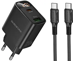 Мережевий зарядний пристрій Borofone BA96A 20w PD USB-C/USB-A ports charger + USB-C to USB-C cable black - фото Мережевий зарядний пристрій Borofone BA96A 20w PD USB-C/USB-A ports charger + USB-C to USB-C cable black