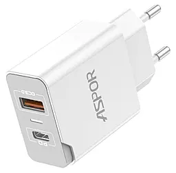Сетевое зарядное устройство Aspor A826 20w PD/QC USB-C/USB-A ports fast charger white - фото Сетевое зарядное устройство Aspor A826 20w PD/QC USB-C/USB-A ports fast charger white