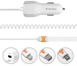 Автомобильное зарядное устройство ColorWay 1USB, 3.1A + кабель (Lightning+microUSB+Type-C) White (CW-CHA006-WT) - миниатюра 2