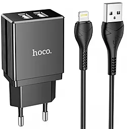 Сетевое зарядное устройство Hoco DC01 2.1a 2xUSB-A ports charger + Lightning cable black - фото Сетевое зарядное устройство Hoco DC01 2.1a 2xUSB-A ports charger + Lightning cable black