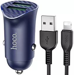 Автомобильное зарядное устройство с быстрой зарядкой Hoco Z39 18w QC3.0 2xUSB-A ports car charger + Lightning cable blue