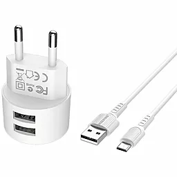 Сетевое зарядное устройство Borofone BA23A Brilliant 2.4a 2USB-A ports + micro USB cable home charger white - миниатюра 2