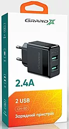Мережевий зарядний пристрій Grand-X 2.4a 2xUSB-A ports + USB-C cable black (CH-50T) - мініатюра 5