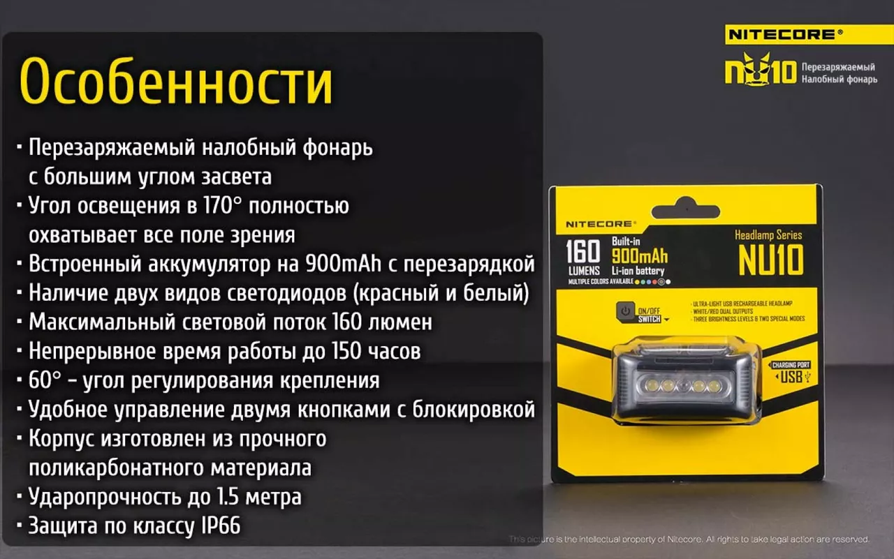 Налобний ліхтарик Nitecore NU10 (акумуляторний) Жовтий - фото 22