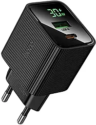 Сетевое зарядное устройство с быстрой зарядкой Hoco CS84A Excellent with digital display 30w PD/QC3.0 USB-C/USB-A ports charger black