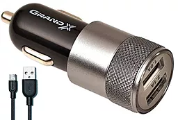 Автомобильное зарядное устройство Grand-X 2.4a 2xUSB-A ports car charger + micro USB cable black (CH-25BM)