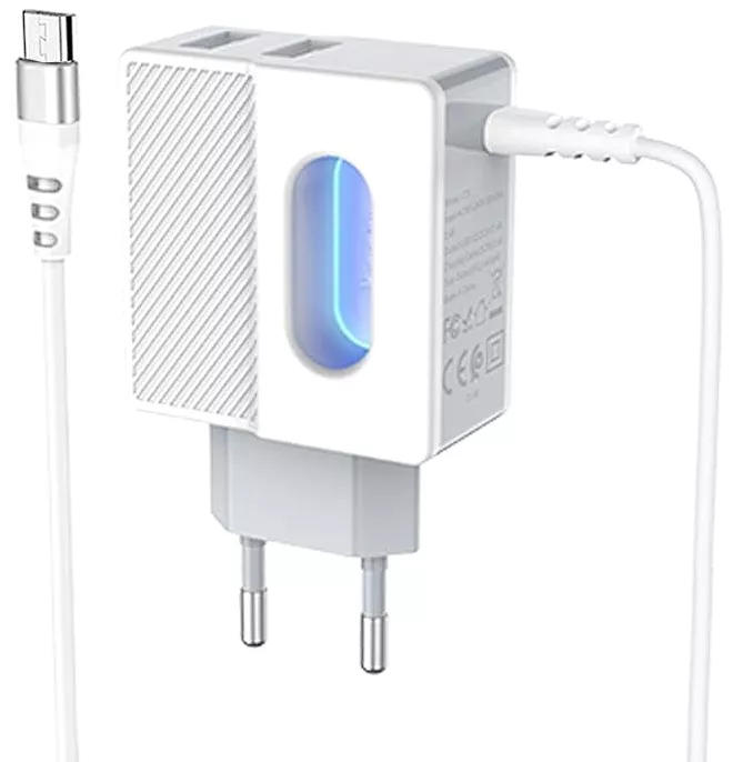 Мережевий зарядний пристрій Hoco C75 2.4a 2xUSB-A ports charger + micro USB cable white - фото 1