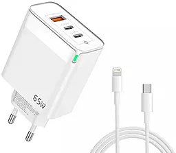 Сетевое зарядное устройство Jellico C79 65w GaN PD 2xUSB-C/USB-A pots fast charger + USB-C to Lightning cable white - фото Сетевое зарядное устройство Jellico C79 65w GaN PD 2xUSB-C/USB-A pots fast charger + USB-C to Lightning cable white