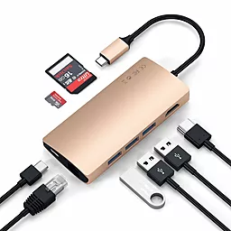 Мультипортовий Type-C хаб Satechi 4К USB-C -> HDMI/USB 3.0/Type-C/Ethernet/Card Reader Gold (ST-TCMA2G) - мініатюра 3