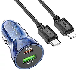 Автомобильное зарядное устройство Hoco Z47A 30w PD USB-C/USB-A ports car charger + USB-C to Lightning cable blue