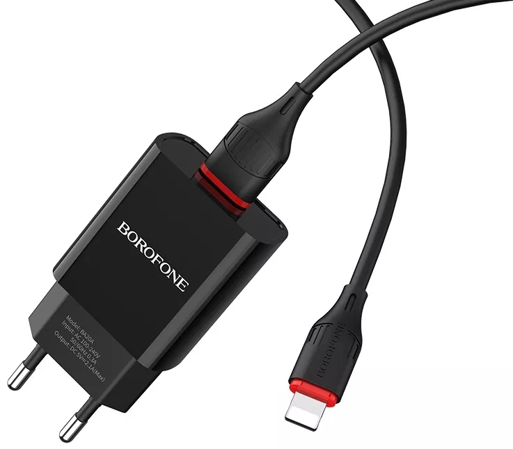 Сетевое зарядное устройство Borofone BA20A Sharp 2.1a home charger + Lightning cable black - фото 3