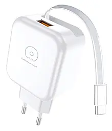 Сетевое зарядное устройство WUW C268 2.4a USB-A ports charger with retractable cable USB-C White - фото Сетевое зарядное устройство WUW C268 2.4a USB-A ports charger with retractable cable USB-C White