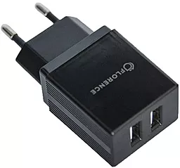 Сетевое зарядное устройство Florence 2a 2xUSB-A ports home charger + USB-C cable black (FL-1021-KT) - фото Сетевое зарядное устройство Florence 2a 2xUSB-A ports home charger + USB-C cable black (FL-1021-KT)
