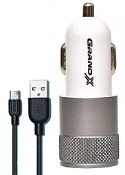 Автомобильное зарядное устройство Grand-X 2.1a 2xUSB-A ports car charger + micro USB cable white (CH-25WM)