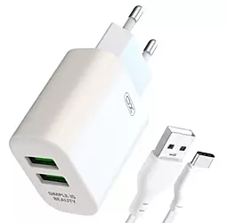 Мережевий зарядний пристрій XO L85C 2.4a 2xUSB-A ports charger + USB-C cable white - фото Мережевий зарядний пристрій XO L85C 2.4a 2xUSB-A ports charger + USB-C cable white
