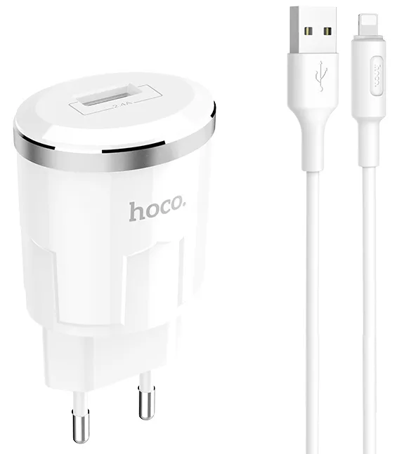 Мережевий зарядний пристрій Hoco C37A 2.4a home charger + Lightning cable white - фото 1
