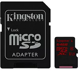 Карта памяти Kingston microSDXC 64GB Class 10 UHS-I U3 + SD-адаптер (SDCA3/64GB)