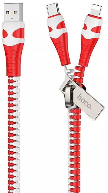 Універсальний кабель Hoco U97 2-in-1 USB-A to Type-C/Lightning 12w 2.4a 1м cable Red/White - фото 1