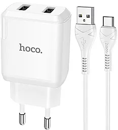 Сетевое зарядное устройство Hoco N7 2.1a 2xUSB-A ports charger + USB-C cable white - фото Сетевое зарядное устройство Hoco N7 2.1a 2xUSB-A ports charger + USB-C cable white