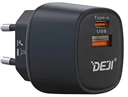 Мережевий зарядний пристрій Deji A88 20w PD USB-C/USB-A ports fast charger black - фото Мережевий зарядний пристрій Deji A88 20w PD USB-C/USB-A ports fast charger black
