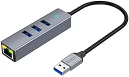 Мультипортовий USB-A хаб Hoco HB34 USB to 3xUSB 3.0 + RJ45 1000Mbps Black - мініатюра 4