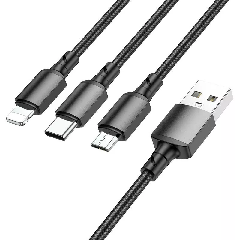 Универсальный кабель Borofone BX72 3-in-1 USB-A to Type-C/Lightning/micro USB 10w 2a 1м сable Black - фото 2