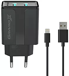 Мережевий зарядний пристрій Grand-X 2.4A 2xUSB-A ports home charger + Lightning cable black (CH15LTB)