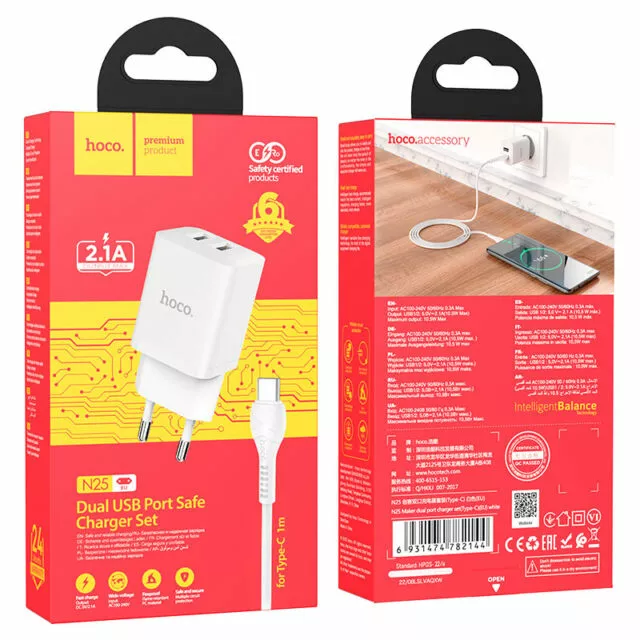 Сетевое зарядное устройство Hoco N25 2.1a 2xUSB-A ports charger + USB-C cable white - фото 4