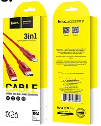 Універсальний кабель Hoco X26 Xpress 3-in-1 USB-A to Type-C/Lightning/micro USB 10w 1м сable Red - мініатюра 3 Універсальний кабель Hoco X26 Xpress 3-in-1 USB-A to Type-C/Lightning/micro USB 10w 1м сable Red - мініатюра 3