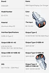 Автомобільний зарядний пристрій Essager ES-CC10 80W PD/QC 2xUSB-A-1xC Grey - мініатюра 9