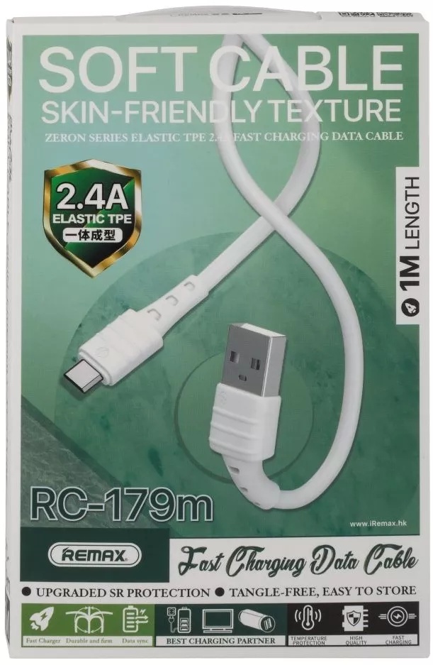 Кабель Remax RC-179m USB-A - micro USB 12w 2.4a 1м cable White - фото 2
