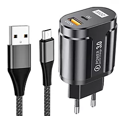 Мережевий зарядний пристрій Powermax Duo Basic 20W PD/QC U+C + micro USB cable Black