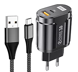 Сетевое зарядное устройство Powermax Duo Basic 20W PD/QC USB-C/USB-A ports home charger + micro USB cable Black - фото Сетевое зарядное устройство Powermax Duo Basic 20W PD/QC USB-C/USB-A ports home charger + micro USB cable Black