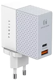 Сетевое зарядное устройство с быстрой зарядкой PROFIT A2620C 65W PD/QC 2.4A USB-C-A White