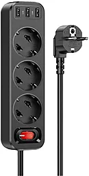 Мережевий фільтр (подовжувач) Hoco NS2 3 розетки 16a 3xUSB-A 1.8м з вимикачeм чорний - фото Мережевий фільтр (подовжувач) Hoco NS2 3 розетки 16a 3xUSB-A 1.8м з вимикачeм чорний