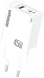 Сетевое зарядное устройство Amaya E45D 45w GaN PD/QC3.0 USB-C/USB-A ports fast charger White - фото Сетевое зарядное устройство Amaya E45D 45w GaN PD/QC3.0 USB-C/USB-A ports fast charger White