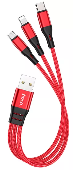 Універсальний кабель Hoco X47 Harbor 3-in-1 USB-A to Type-C/Lightning/micro USB 12w 2.4a 0.25м сable Red - фото 1