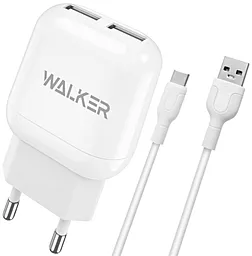 Мережевий зарядний пристрій Walker WH-33 2.1a 2xUSB-A ports charger + USB-C cable white