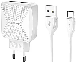 Сетевое зарядное устройство Borofone BA45A Max Power 2.4a 2xUSB-A ports charger + USB-C cable white - фото Сетевое зарядное устройство Borofone BA45A Max Power 2.4a 2xUSB-A ports charger + USB-C cable white