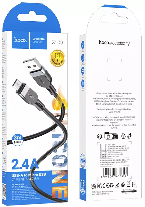 Кабель Hoco X109 USB-A - micro USB 12w 2.4a 3м cable Black - фото 8