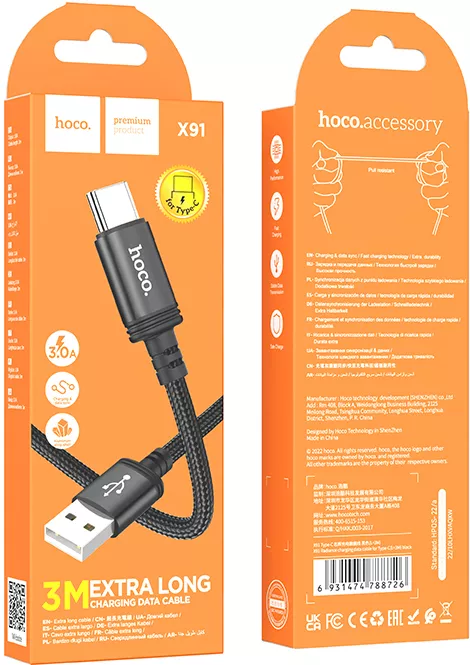 Кабель Hoco X91 USB-A - Type-C 15w 3a 3м cable Black - фото 7