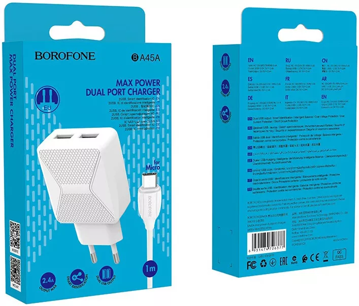 Мережевий зарядний пристрій Borofone BA45A Max Power 2.4a 2xUSB-A ports charger + micro USB cable white - фото 8