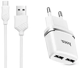 Сетевое зарядное устройство Hoco C12 2.4a 2xUSB-A ports charger + USB-С cable white