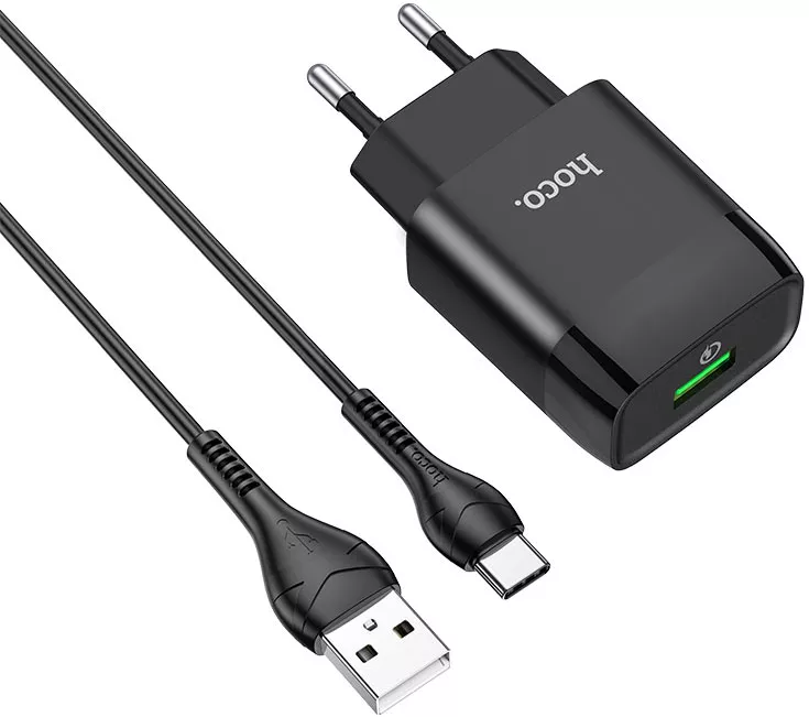 Сетевое зарядное устройство с поддержкой быстрой зарядки Hoco C72Q Glorious 18W 3A + USB-C Cable Black - фото 4