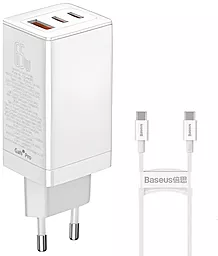 Сетевое зарядное устройство Baseus GaN3 Pro 65W 1xUSB/2xUSB-C Ports + USB C-C 100W Cable White (CCGP050102)