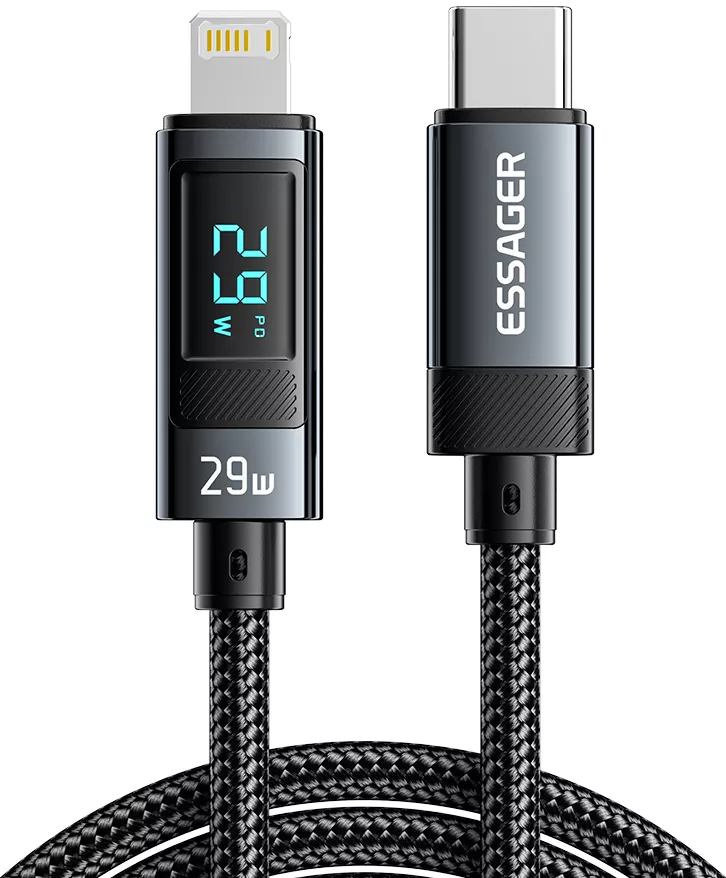 Кабель Essager Digital Display USB Type-C - Lightning 29w 3a 1м PD сable Black - фото 1